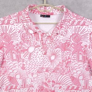 Yatta Polo Shirt Mens 2XL White Pink Hawaiian Floral Sun Waves Aloha Golfing